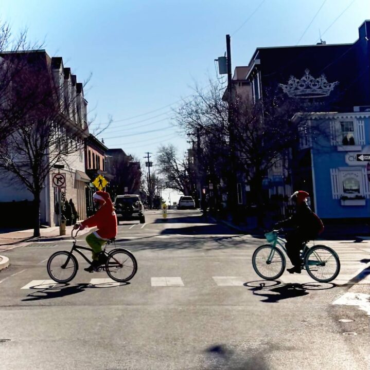 The grinch takes a bike ride on a sunny day in downtown Cape May