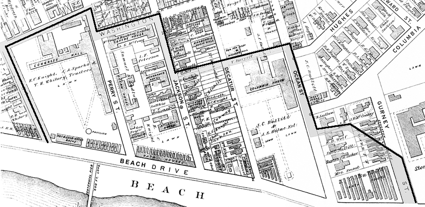 The outlined area on this copy of an 1878 map that appeared in the Philadelphia Bulletin days after the fire shows the extent of the devastation caused by the blaze that began in the Ocean House on Perry St.