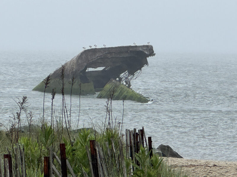 misty rain looking out over the bay and the sunken ship